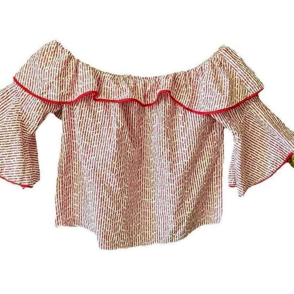 Zara Off Shoulder Red Pin Stripe Poet Sleeve Cropped Top. Size XS - Picture 5 of 7